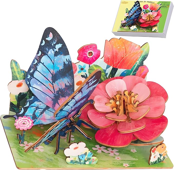 3D Wooden Puzzle for Adults, Teens and Kids - Contnovin 3D Butterfly Puzzle，55 Pieces DIY Model Building Kit, Creative Craft Decor, Relaxing Desktop Ornament, Unique Gift for Birthday and Christmas