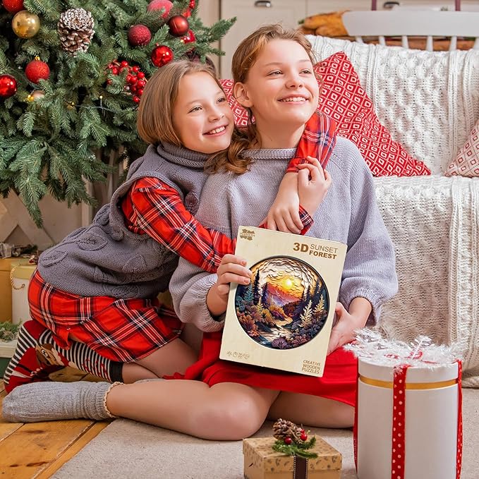 Wooden Puzzles for Adults - Unique Animal Shaped Sunset Forest Puzzle, 3D Vision Wooden Jigsaw Puzzle, Christmas Birthday Gifts for Friends/Family, Home Decor 8.5 * 8.5in 100pcs