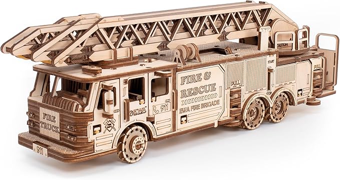 3D Wooden Puzzle - DIY 3D Puzzle Wooden Fire Truck Mechanical Model Kit with Wind Up Mechanism, Adjustable Ladder & More - 3D Puzzles for 15 yrs Above & Adults - Eco Wood Art, 439 Pieces