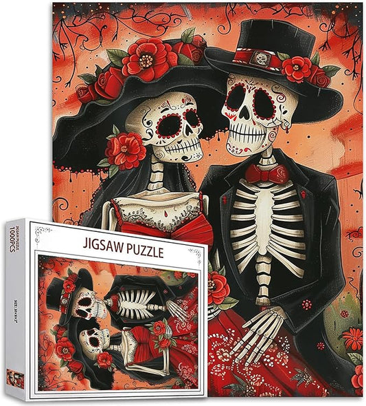 Tucocoo Skeleton Couple Jigsaw Puzzle 1000 Pieces Puzzles for Adults, Day of The Dead Style Flowers Art Puzzles for Challenging Family Activity Games Colorful DIY Craft Puzzle for Home Decor Gifts