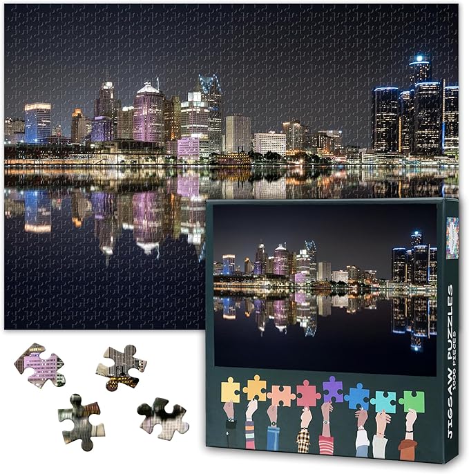 Puzzles for Adults Detroit Skyline - Jigsaw Puzzles 1000 Pieces for Adults, 27.5x19.7 Inch Cityscape Skyscrapers Night Scene Art Difficult and Challenge Puzzle Game for Living Room Wall Decor