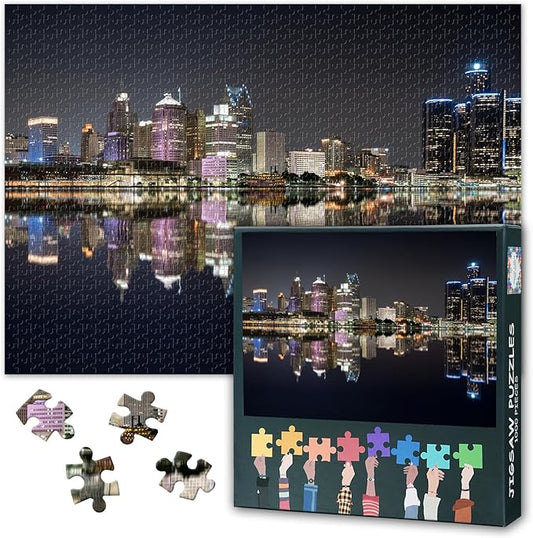 Puzzles for Adults Detroit Skyline - Jigsaw Puzzles 1000 Pieces for Adults, 27.5x19.7 Inch Cityscape Skyscrapers Night Scene Art Difficult and Challenge Puzzle Game for Living Room Wall Decor