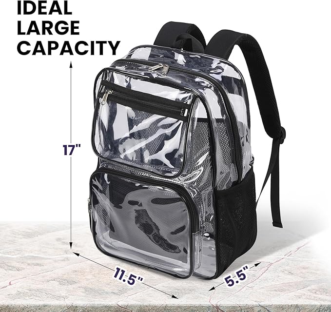 Lightweight Clear Bookbag for School or Stadium Events - Black Transparent Plastic See-Through Backpack Black