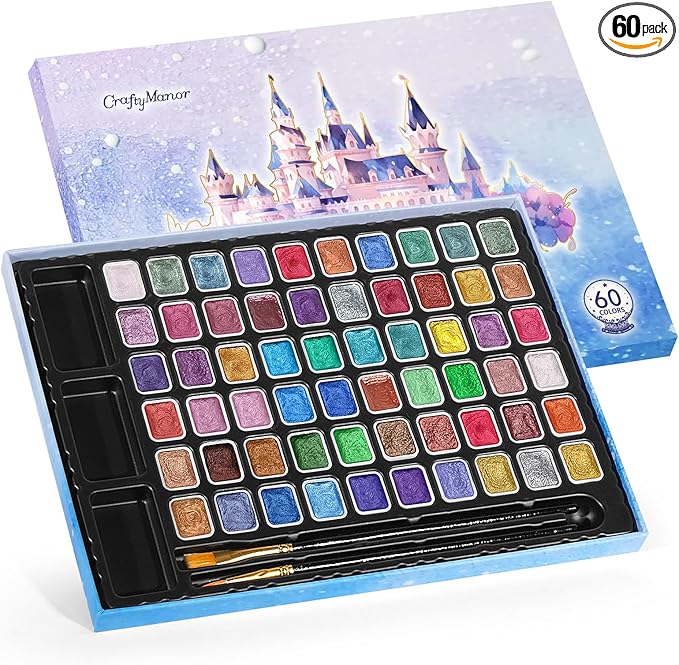 Mini Glitter Watercolor Paint Set with Paper, 60 Colors Shimmer Metallic Watercolour Painting Sets, Solid Pearl Water Color Paints for Adult, Kids, 1ml Trial Package(1ml 60 Colors)