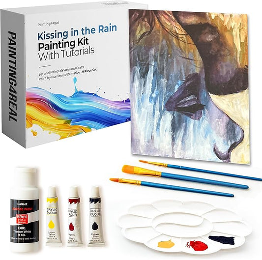 Painting4Real DIY Painting Class Kit for Adults with Video Tutorials: Learn to Paint Kissing in The Rain – How to Paint with Acrylics – Painting & Art Supplies – 9 Piece Acrylic Paint Set