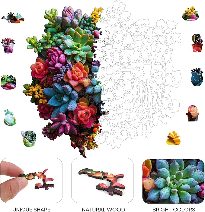 Wooden Puzzles for Adults,500Pieces Colorful Succulent Plants Jigsaw Puzzles,Unique Irregularly Shaped Animal Wooden Jigsaw Puzzle for Adult Family Game Gift,17.2 * 16.6in