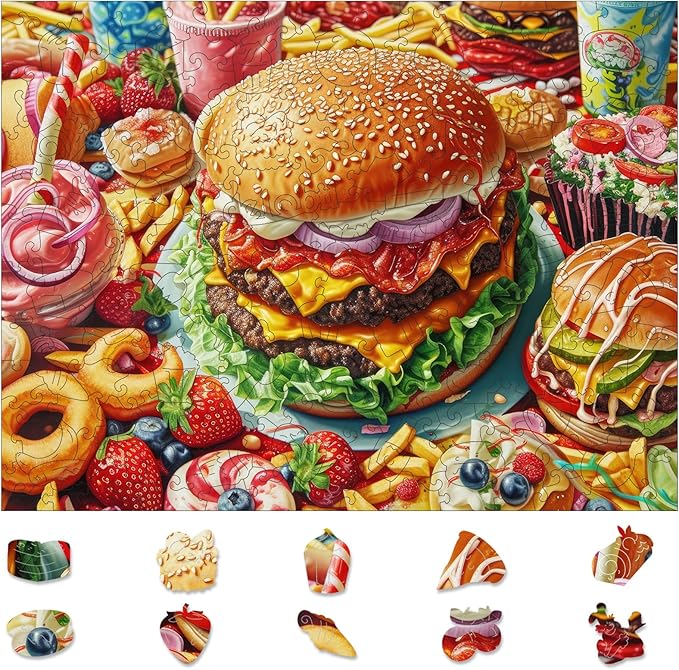 delobil Wooden Puzzles for Adults, Hamburger Jigsaw Puzzle 200 Piece, Unique Shaped Wooden Puzzles Beautiful Gift Package, Creative Birthday Gift for Friends and Family 11.7 * 8.86 in Medium
