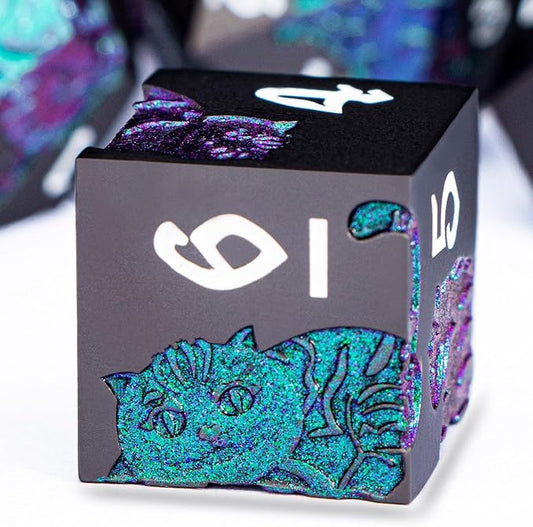 Metal DND Cat Dice 7PCS Polyhedral RPG Dice Set with Gift Case for Dungeons Dragons Role Playing Game, D and D Dice D6 D8 D10 D12 D20 D% (Purple Green)