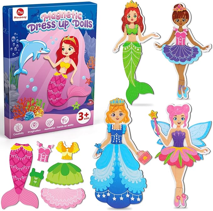 Mocoosy Magnetic Dress Up Dolls for Girls, Princess Mermaid Fairy Ballerina Magnet Dolls Dress Up Kits, Travel Game Car Road Trip Airplane Activity Toys Birthday Gifts for Toddler Girls Ages 3 4 5 6 7