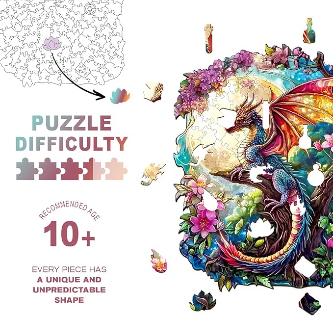 Wooden Puzzles for Adults - Dragon in Moonlight Wooden Jigsaw Puzzle, Unique Animal Shaped Wood Puzzles Adult, Christmas Birthday Gifts for Friends/Family, Home Decor 11.4 * 9.3in 170pcs