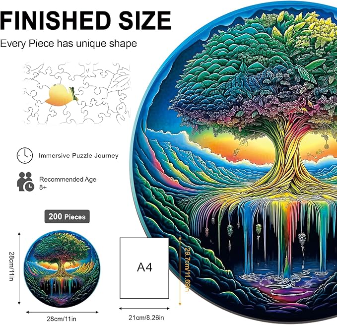 Wood Puzzles Adult, Rainbow Tree of Life Puzzle, Unique Wooden Puzzle for Adults and Kids, Family Game, Animal Shaped Jigsaw Puzzles, 200 Piece 11.2"×11.2"