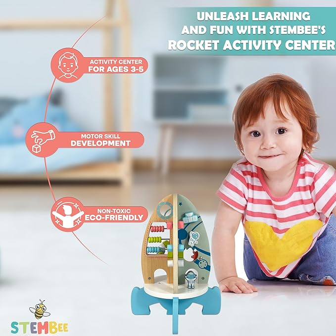 Space Rocket Wooden Activity Cube for Toddlers 1-3 - Includes Colorful Bead Maze for Montessori Sensory Development. Fun Toy Activity Center for Baby Boys & Girls. Excellent First Birthday Gift