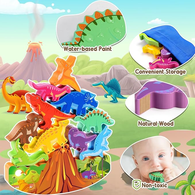 Dinosaur Toys for Kids 3-7 Kid Wooden Stacking Blocks Montessori Toy for 3 4 5 6 7 8 Year Old Boys Girls Christmas Birthday Gifts Toddler Balance Game Ages 3-5 Toys for Boy Girl Age 5-7