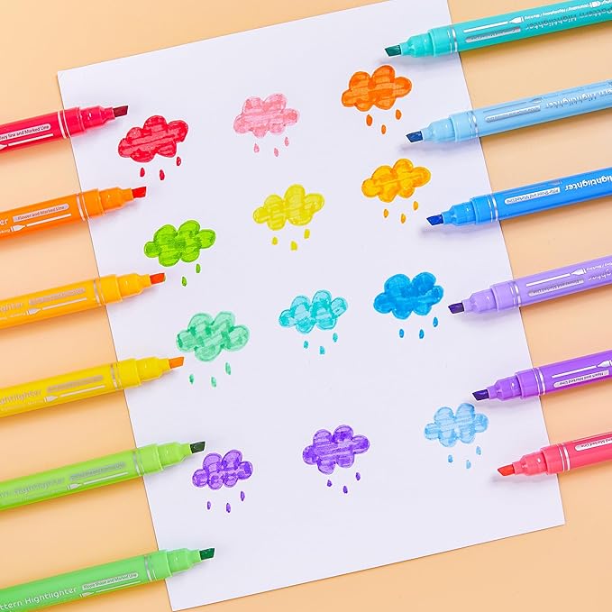 12 Colored Curve Highlighter Pen Set, 10 Different Shapes Dual Tip Marker Highlighters for Journaling Drawing Note Taking,Curve Highlighter pens for Planner Scrapbook School Supplies