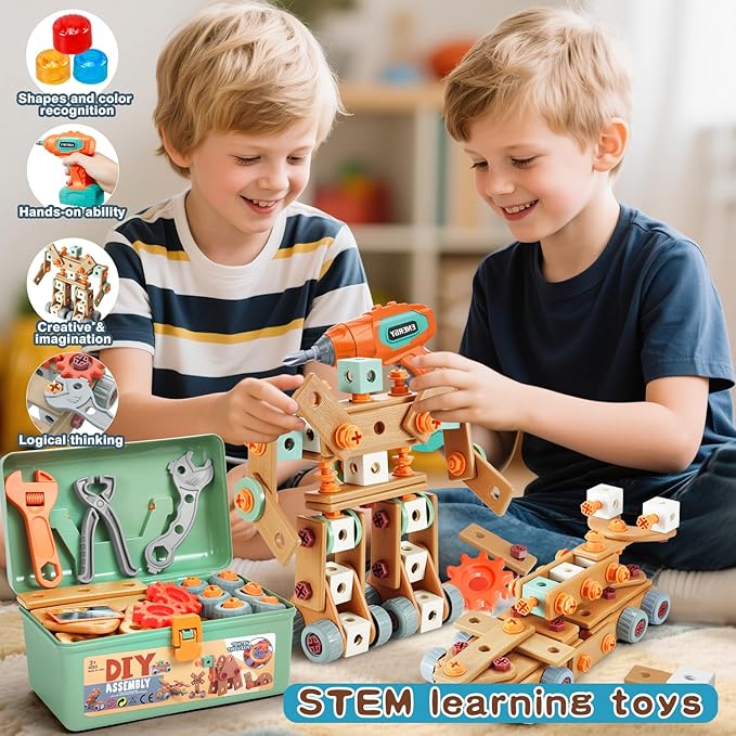 Kids Tool Set with Drill,155Pcs Toddler Tool Set with Toolbox,STEM Montessori Toys for 3 4 5 Year Old,Pretend Play Kid Toy,Educational Construction Toy for 3-5 Year Old Boy Girl,Birthday Gift for Kids