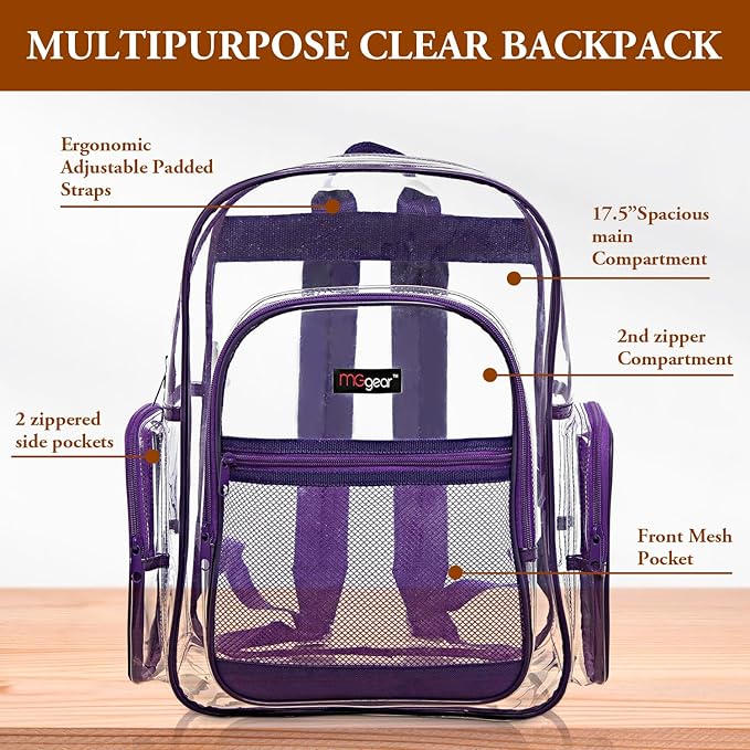 Wholesale 10-Pack Bulk Case Clear PVC Backpacks with Purple Trim and 5 Zipper Compartments, 17 Inch Transparent School Approved Backpack, Daypack, Stadium Bag, Bookbag