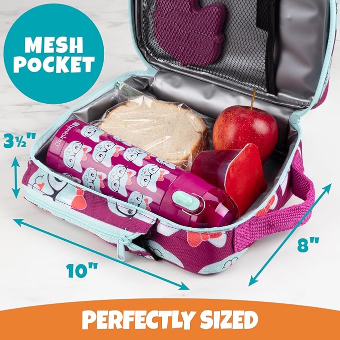 Bentology Kids Lunch Bag Set Pink Kitty- Thick Padded Handle, Insulated Tote, Reusable Hard Ice Pack & Insulated Stainless Steel Water Bottle- Keeps Lunch Fresh Longer, Back to School Lunchbox Kits