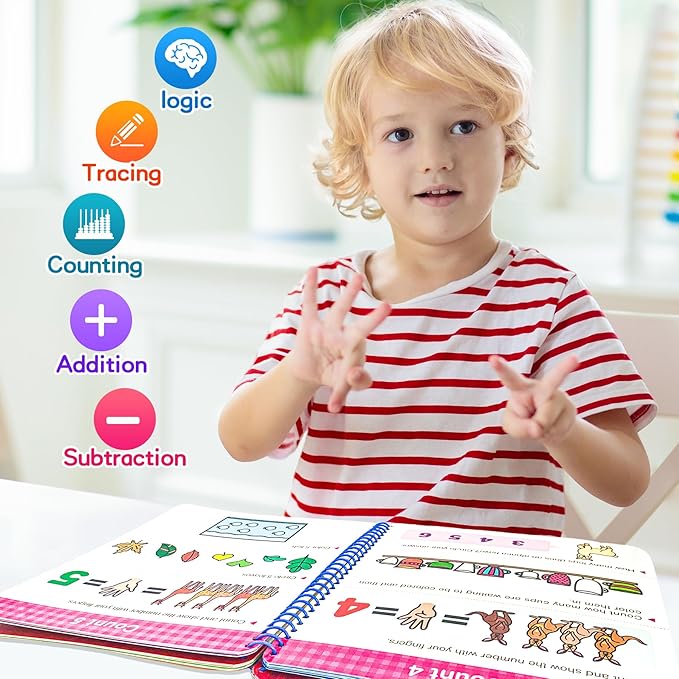 Preschool Learning Activities 60 Reusable Pages, Number Tracing Addition Subtraction Math Practice Kindergarten Workbook, Educational Fine Motor Toddler Learning Toys for 3 4 5 Year Olds