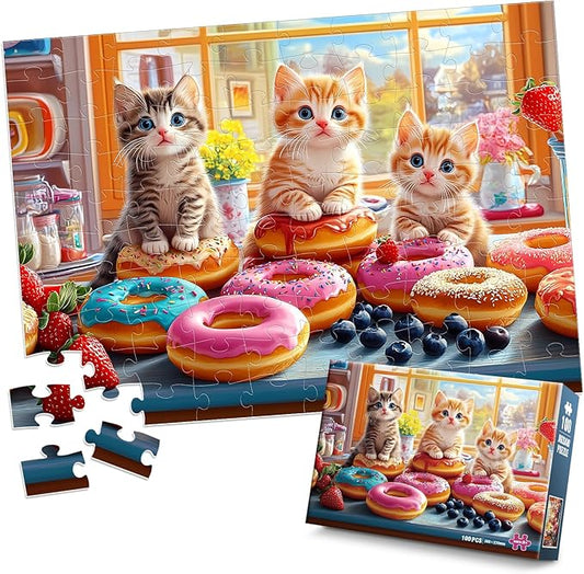 100 Piece Puzzles - Adorable Cats Donuts Puzzle for Kids Ages 4-6 6-8 8-10, Large Piece Puzzle for Seniors Dementia Alzheimer's Activity for Adults Kids Puzzles Ages 5-8 Great Gift for Boys Girls