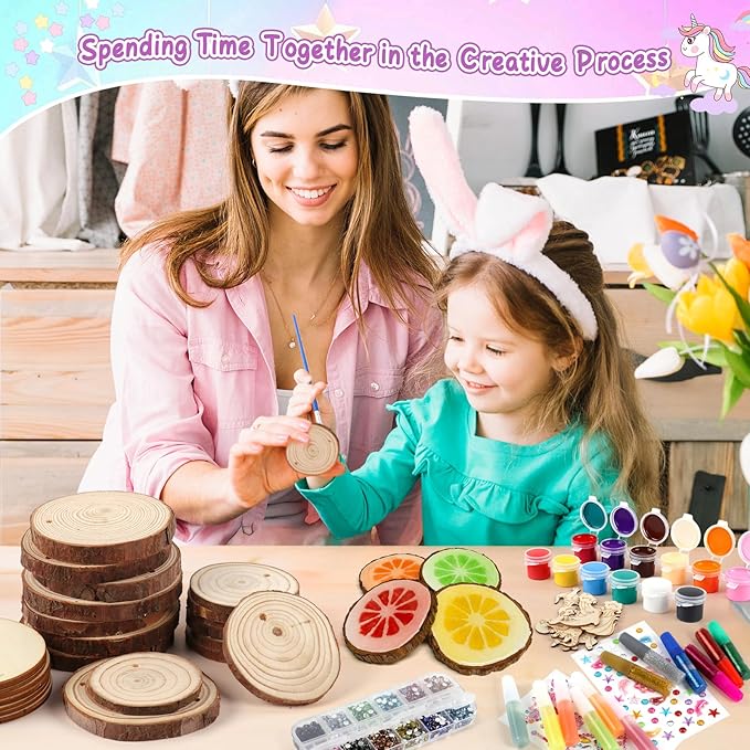 Wooden Painting Kit for Kids 6-12, Wood Slice DIY Craft Gift Set with Paints, Glues, Assorted Gems & Diamond Painting Tools, Creative Art Activity Supplies for Boys Girls