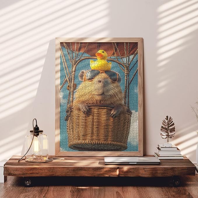 Sunglasses Animal Capybara Jigsaw Puzzles for Adults 1000 Pieces,Sky Hot Air Balloon Art Puzzles for Challenging Family Activity Games Colorful DIY Crafts Puzzle for Home Decoration Gifts