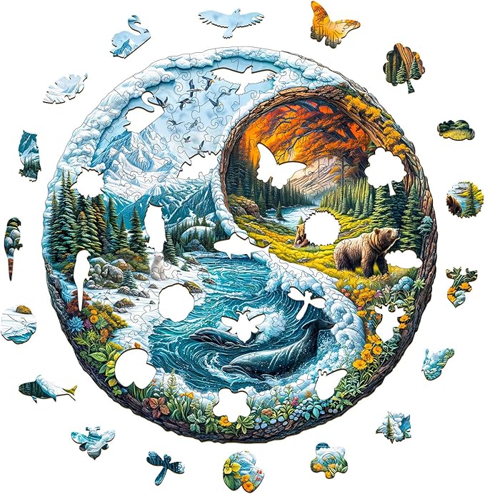 Wooden Puzzles for Adults - Yinyang Glacial Forest Wood Puzzles Adult - Unique Animal Shape Wooden Jigsaw Puzzles for Adults - Birthday Gifts for Puzzle Lovers, Family (8.5 * 8.5in)