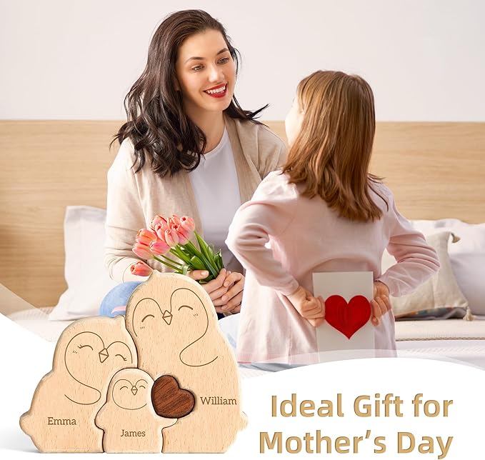 Wooden Penguin Family Puzzle, Personalized Puzzles with 2-5 Names, Fathers Day Birthday Personalized Gifts for Kids Boys Girls Mom Dad Grandma, Christmas Thanksgiving Decorations