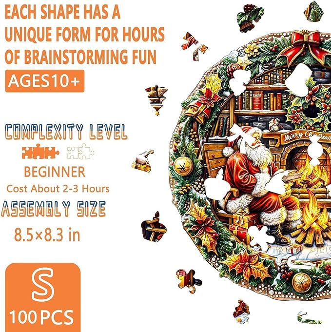 Christmas Best Gifts - Christmas Puzzle, Wooden Puzzles for Adults, Fireside Santa Wooden Jigsaw Puzzles for Adult, Xmas Wood Puzzles Adult, Round Gingerbread Puzzle (S-8.5 * 8.3in - 100 Pieces)