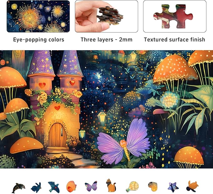 Wonderful Mushroom House Night Jigsaw Puzzles for Adults 1000 Pieces, Brain Challenging Shaped Puzzle for Game Night, Family, Friends, Size is 26.6 x 19.2