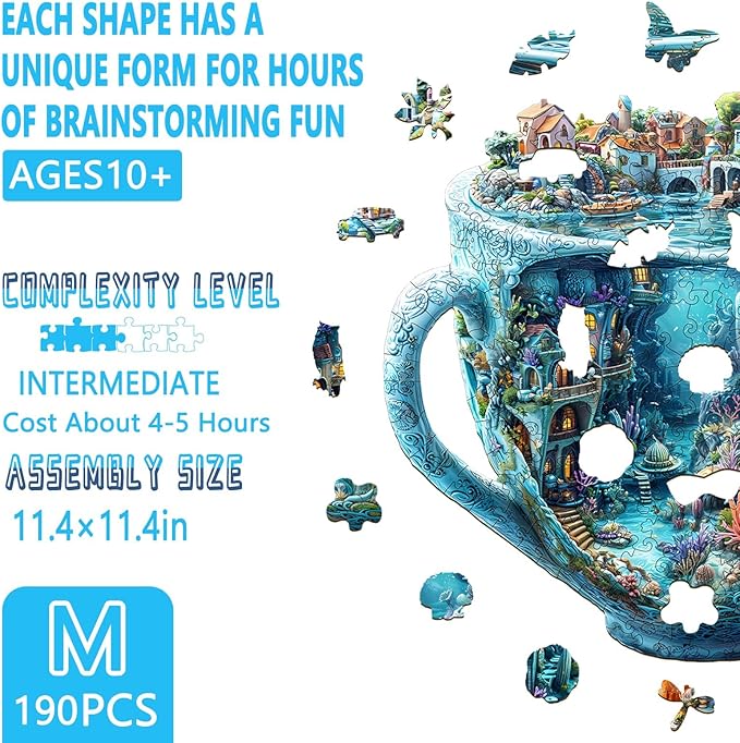 Wooden Puzzles for Adults, Ocean Mug Wooden Jigsaw Puzzle for Adults, Unique Shaped Wood Puzzles Adult, Dreamy City Scenery Puzzle, Fun Gifts & Home Decor (M-11.4 * 11.4in - 190 pcs)
