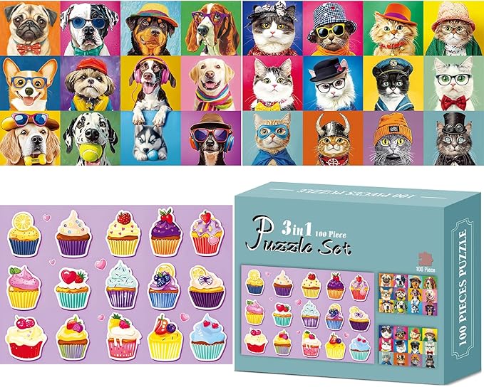 3-Pack 100 Piece Puzzles for Kids,Dogs Cats Cupcakes Puzzle for Kids Age 4-6 6-8 8-10,Unique Large Piece Animals Jigsaw Puzzle,Recycled Paper,Bright & Colorful Educational Puzzle Game,Boys Girls Gift