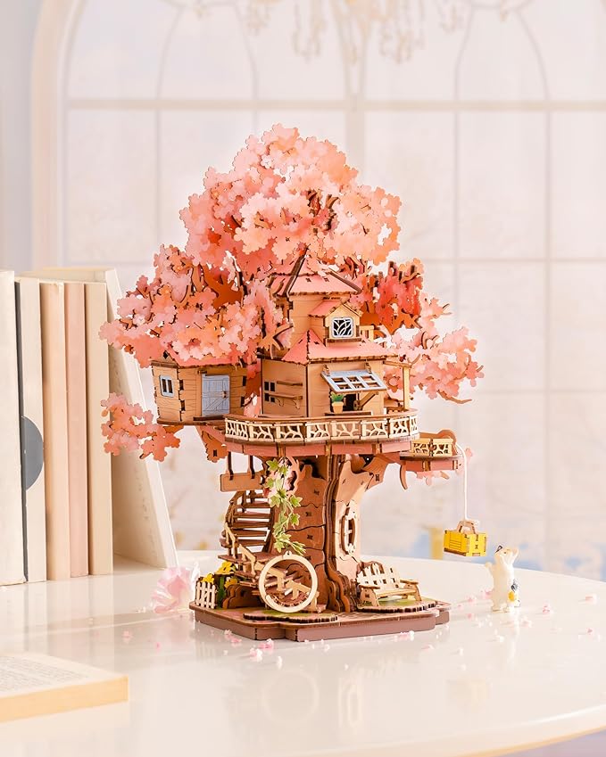 ROBOTIME DIY Miniature House Kits for Adults, 3D Wooden Puzzles for Teenager, Japanese Cherry Blossom Tree Sakura Bonsai Plants for Birthday Gifts and Hobbies (Sakura Tree House)