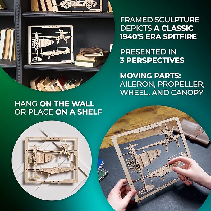 UGEARS 2.5D Framed Fighter Aircraft - Classic Aircraft Wood Model Kit with Movable Aileron, Propeller, Wheel & Canopy - Airplane Wooden Puzzle Model Kits - Home and Office Decor