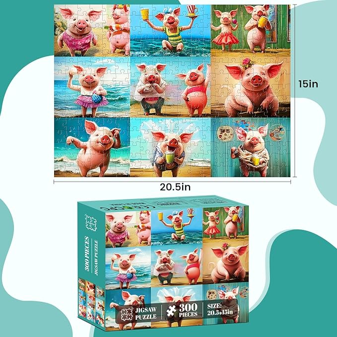 300 Piece Puzzle for Adults,Cute Pig Jigsaw Puzzle 300 Pieces Animals Lover Puzzles for Kids Adult Senior Premium Cardboard Puzzle for Relaxation Tabletop Family Activity Game Night Gifts