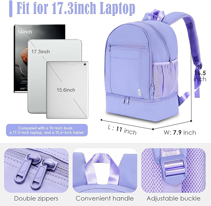 NOL Natural Organic Lifestyle Kids 2-in-1 Backpack & Insulated Lunch Bag-16"Multi-Functional Large Compartments Backpack for School & Travel, Double Deck,Water Resistant,Leak-proof,Padded-Light purple