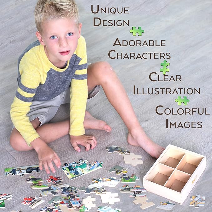 4-in-1 Wooden Puzzles for Boys 48 PCs Puzzles for Kids Ages 4-6 Great Gift for Boys,Car Puzzles for Kids Ages 4-8, Wood Puzzles for Kids Ages 3-5 Jigsaw Puzzle Box, Summer Activity Outside