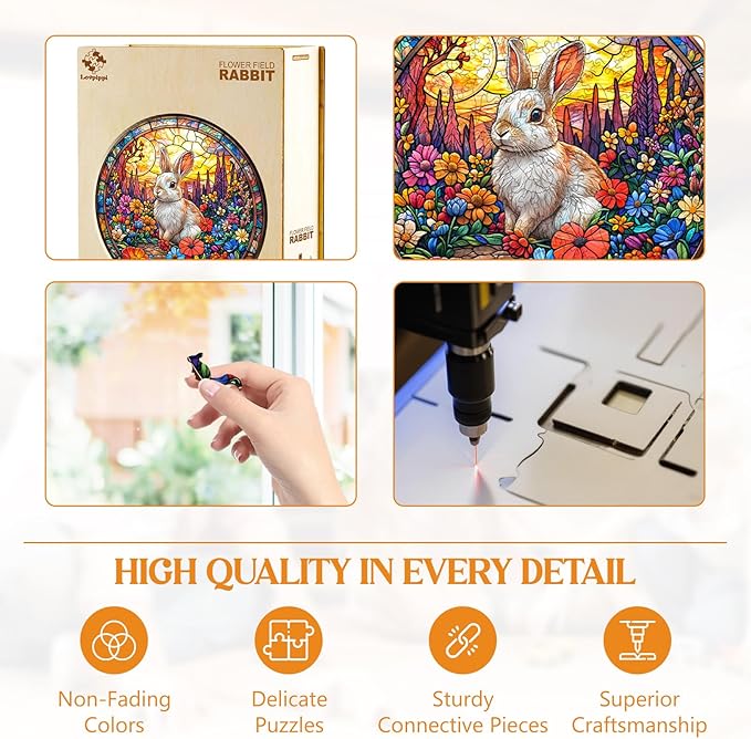 Wooden Puzzles for Adults, Wooden Jigsaw Puzzles for Adults Kids, Flower Field Rabbit Unique Shaped Wood Puzzles Adult, Creative Birthday Gifts for Friends Family Game (8.5 * 8.5in 100pcs)