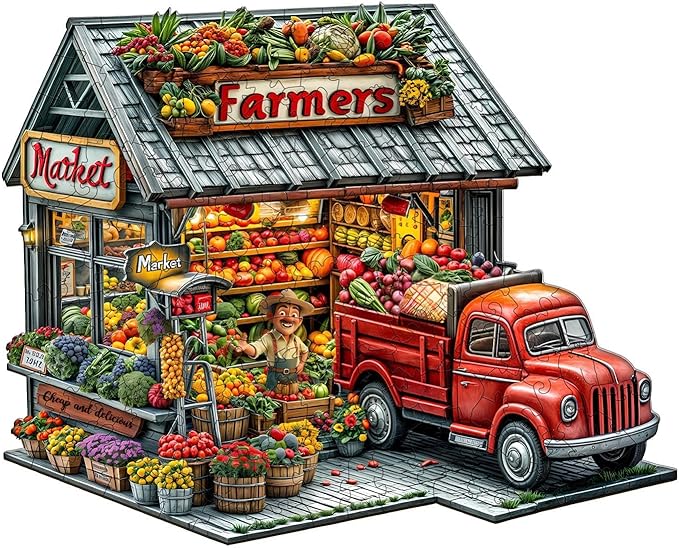 Wooden Puzzles for Adults - Farmers Market Wooden Jigsaw Puzzle, Unique Shape Wood Puzzles Adult, Gifts for Family and Friends, Wall Art Home Decor (M-11.4 * 9.2in- 150 Pieces)