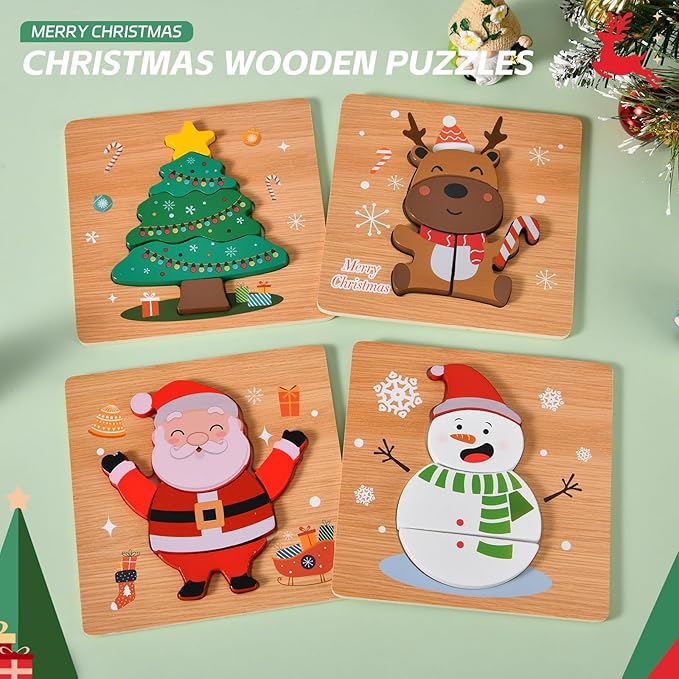 4 Pack Christmas Wooden Puzzles for Kids Toddlers Jigsaw Puzzles Christmas Stocking Stuffers Toys Xmas Party Favors