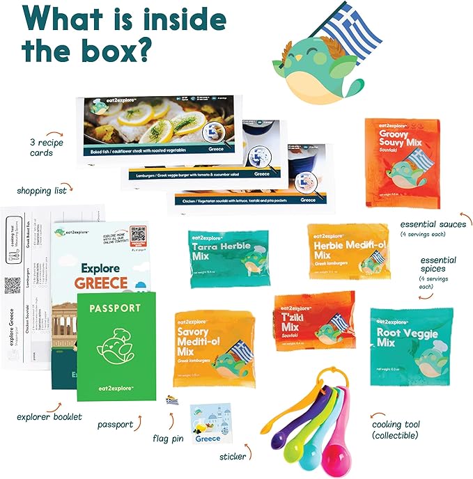 eat2explore Cooking Kits for Kids - Interactive & Educational Set with 3 Recipe Cards, Key Ingredients & Cooking Tools - Ideal Idea for Kids who Love to Create Meals (Greece Edition)