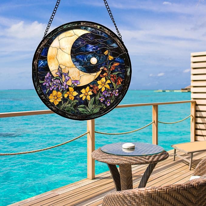 Stained Glass Window Hanging - Blue Night Sky Moon Suncatcher for Door Terrace Garden Home Decor Wildflowers Sun Catcher Birthday Gifts for Lovers Women Men Dad Mom Nana 7.8 in