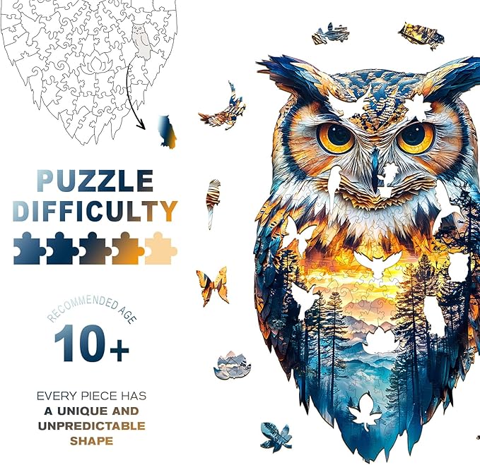 Wooden Jigsaw Puzzles, Forest Owl Wooden Puzzles for Adults with Unique Shape, Adult Jigsaw Puzzle, Birthday Gifts for Adults, 13.3"x8" - 170pcs