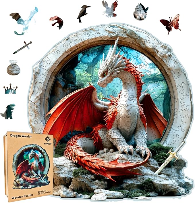 Wooden Jigsaw Puzzle, 200-500 Pieces Unique Shape Animal Puzzle, for Adults & Kids, Birthday Gift Family Game, Decorative Puzzle, Unique Gift (Dragon Warrior, 200 PCS)