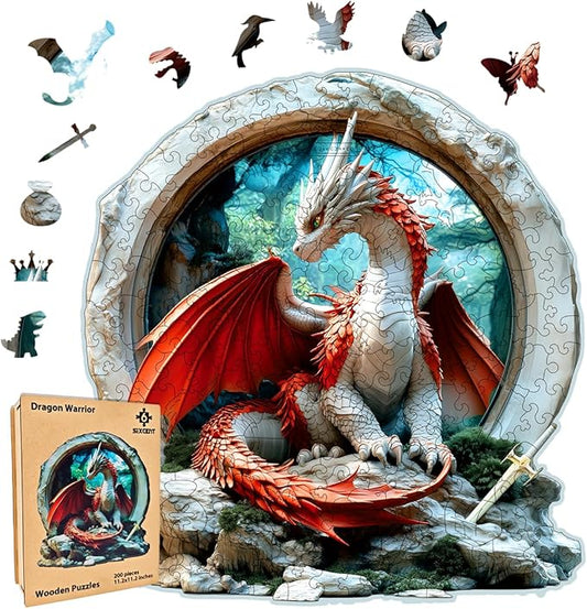 Wooden Jigsaw Puzzle, 200-500 Pieces Unique Shape Animal Puzzle, for Adults & Kids, Birthday Gift Family Game, Decorative Puzzle, Unique Gift (Dragon Warrior, 300 PCS)
