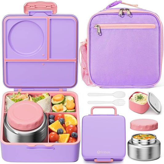 Fimibuke Bento lunch Box Set for Kids Adult with 8oz Thermos Food Jar, Insulated Lunch Bag &Sauce Cup, Leakproof Dishwasher Safe Toddler Lunch Food Container with 3-4 Compartment for School Girls Boys