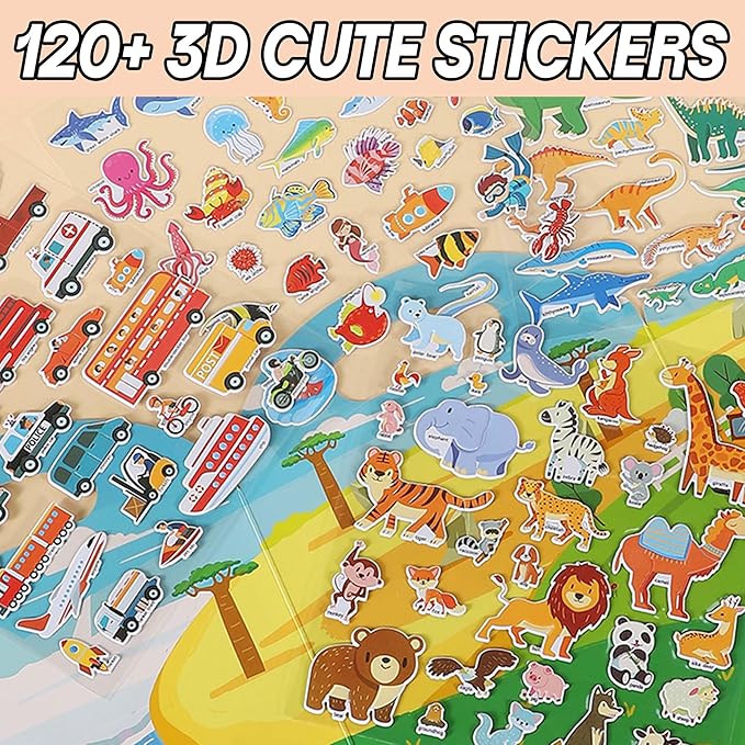 4 Sets Sticker Books for Toddlers 3+ Years, 122 Pcs Puffy Stickers for Kids, 3D Sticker Books for Toddlers, Toddler Airplane Travel Essentials for Kids