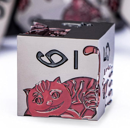 Metal DND Cat Dice 7PCS Polyhedral RPG Dice Set with Gift Case for Dungeons Dragons Role Playing Game, D and D Dice D6 D8 D10 D12 D20 D% (Grey Red)