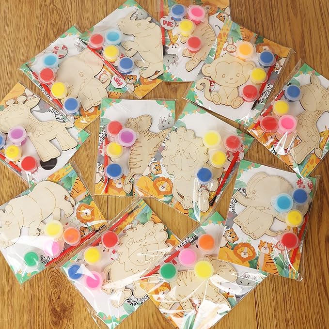 LARDUX Safari Party Favors, 24PCS DIY Wooden Painting Crafts - 8 Styles Animal Shape Unfinished Woodchips Cutouts Craft Kits with Glow in The Dark Paint DIY Party Favors Birthday Party Decorations