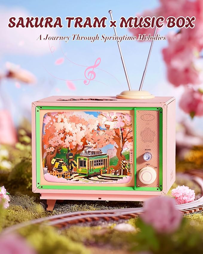 Rolife 3D Wooden Puzzles for Adults DIY Book Nook Kit 16" Japanese Cherry Blossom Music Box Toy Building Set Home Decor Gifts for Girls Boys Adults (Sakura Dreamy Tour)