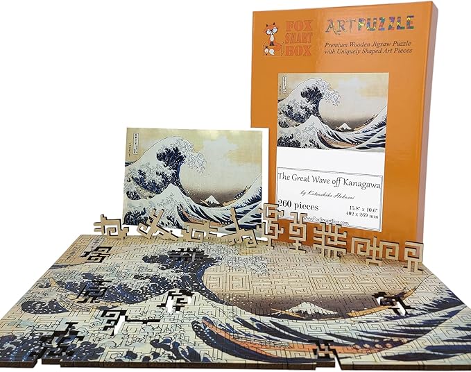 Wooden Puzzle for Adults - Geometric Design - Made in The USA by FoxSmartBox - 260 Pieces - The Great Wave Off Kanagawa